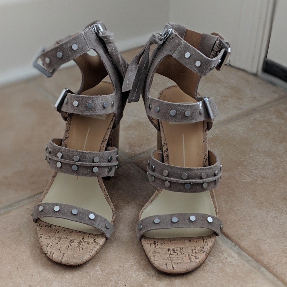 Suede Taupe Block Heels with metal accents